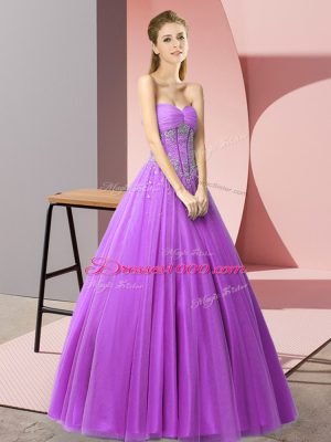 Sweetheart Sleeveless Party Dress for Girls Floor Length Beading Purple Tulle