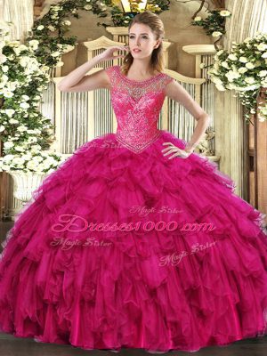 Fuchsia Lace Up Scoop Beading and Ruffles Quince Ball Gowns Organza Sleeveless