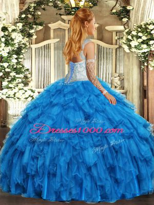 Fuchsia Lace Up Scoop Beading and Ruffles Quince Ball Gowns Organza Sleeveless