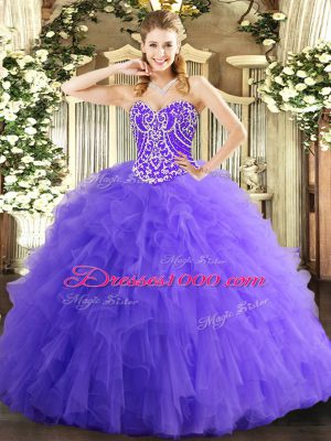 Nice Floor Length Lace Up Quince Ball Gowns Lavender for Military Ball and Sweet 16 and Quinceanera with Beading and Ruffles