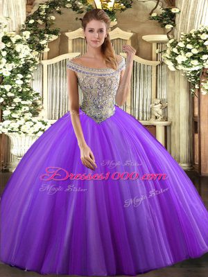 Lavender Sleeveless Floor Length Beading Lace Up Quinceanera Dress