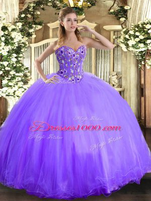 Glittering Lavender Organza and Tulle Lace Up Quinceanera Dresses Sleeveless Floor Length Embroidery