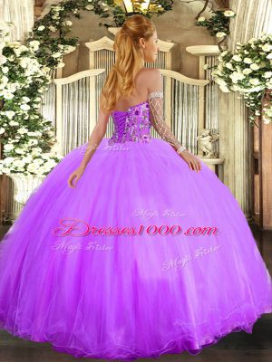 Glittering Lavender Organza and Tulle Lace Up Quinceanera Dresses Sleeveless Floor Length Embroidery