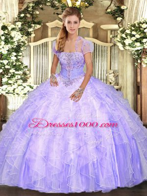 Gorgeous Lavender Tulle Lace Up Strapless Sleeveless Floor Length 15 Quinceanera Dress Appliques and Ruffles