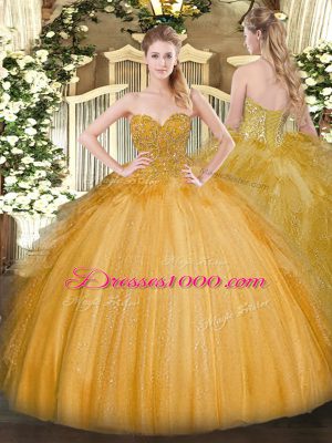 Traditional Gold Tulle Lace Up Sweet 16 Dresses Sleeveless Floor Length Lace