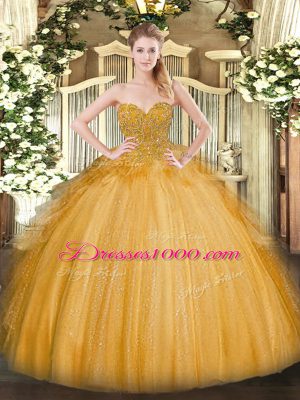 Traditional Gold Tulle Lace Up Sweet 16 Dresses Sleeveless Floor Length Lace