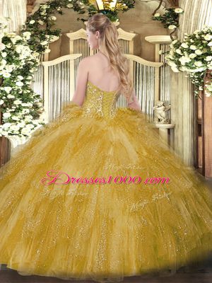 Traditional Gold Tulle Lace Up Sweet 16 Dresses Sleeveless Floor Length Lace