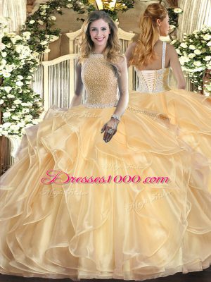 Customized Champagne Sleeveless Floor Length Beading and Ruffles Lace Up Sweet 16 Quinceanera Dress
