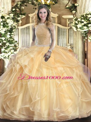 Customized Champagne Sleeveless Floor Length Beading and Ruffles Lace Up Sweet 16 Quinceanera Dress