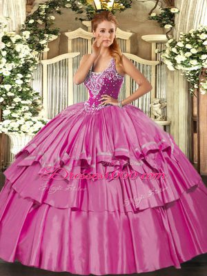 Suitable Floor Length Lace Up 15th Birthday Dress Lilac for Military Ball and Sweet 16 and Quinceanera with Beading and Ruffled Layers