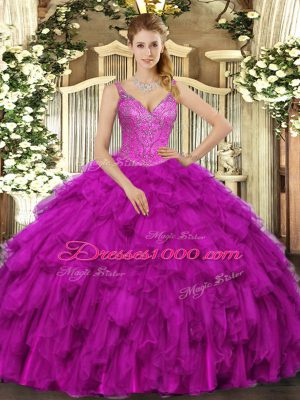 Clearance Sleeveless Organza Floor Length Lace Up Quinceanera Dress in Fuchsia with Beading and Ruffles