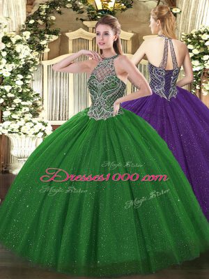 Flare Green Ball Gowns Halter Top Sleeveless Tulle Floor Length Lace Up Beading Quinceanera Dresses