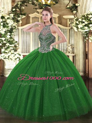 Flare Green Ball Gowns Halter Top Sleeveless Tulle Floor Length Lace Up Beading Quinceanera Dresses