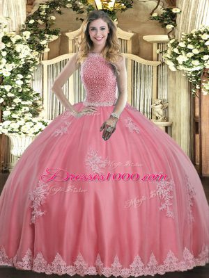 Colorful Baby Pink Tulle Lace Up High-neck Sleeveless Floor Length 15 Quinceanera Dress Beading and Appliques