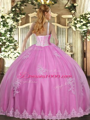 Colorful Baby Pink Tulle Lace Up High-neck Sleeveless Floor Length 15 Quinceanera Dress Beading and Appliques