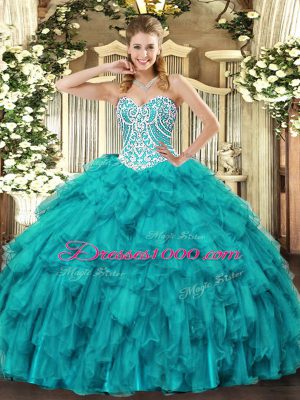 Tulle Sweetheart Sleeveless Lace Up Beading and Ruffles Quinceanera Gown in Teal