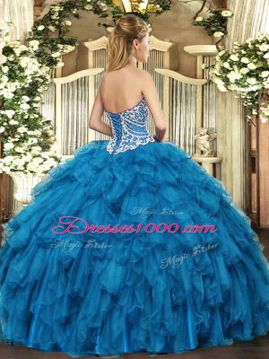 Tulle Sweetheart Sleeveless Lace Up Beading and Ruffles Quinceanera Gown in Teal