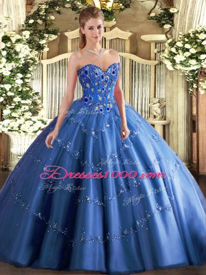 Comfortable Floor Length Lace Up Quinceanera Dresses Blue for Military Ball and Sweet 16 and Quinceanera with Appliques and Embroidery