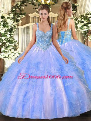 Simple Light Blue Ball Gowns Tulle Straps Sleeveless Beading and Ruffles Floor Length Lace Up Quinceanera Dress