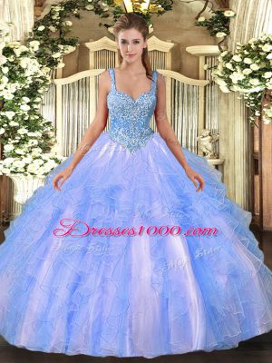 Simple Light Blue Ball Gowns Tulle Straps Sleeveless Beading and Ruffles Floor Length Lace Up Quinceanera Dress