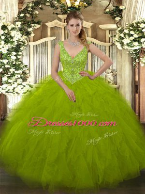 Olive Green Ball Gowns V-neck Sleeveless Tulle Floor Length Zipper Beading and Ruffles Quinceanera Gown