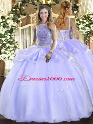 Luxury Lavender Lace Up Square Beading Quince Ball Gowns Organza Sleeveless