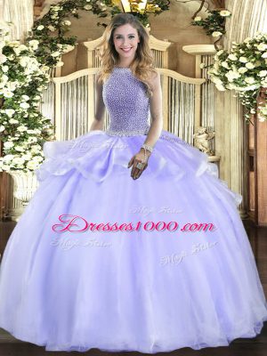 Luxury Lavender Lace Up Square Beading Quince Ball Gowns Organza Sleeveless