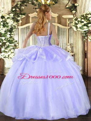 Luxury Lavender Lace Up Square Beading Quince Ball Gowns Organza Sleeveless