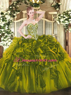 Superior Olive Green Lace Up Sweetheart Beading and Ruffles Sweet 16 Quinceanera Dress Organza Sleeveless