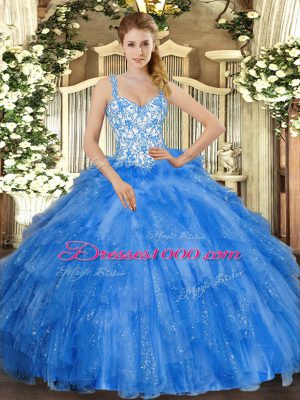 Ball Gowns Quinceanera Dresses Blue Straps Organza Sleeveless Floor Length Lace Up
