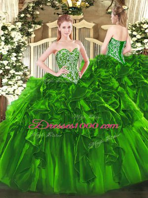 Gorgeous Green Sleeveless Organza Lace Up Quinceanera Gowns for Military Ball and Sweet 16 and Quinceanera