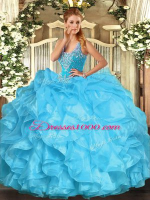 Elegant Aqua Blue Organza Lace Up Straps Sleeveless Floor Length Quinceanera Gowns Beading and Ruffles