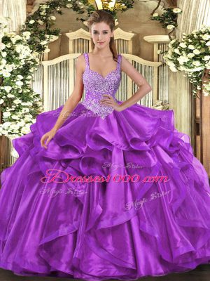 Shining Eggplant Purple Sleeveless Beading and Ruffles Floor Length Quinceanera Dresses