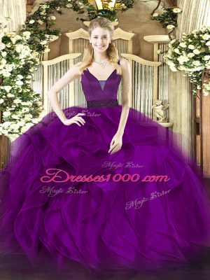 Spectacular Purple Ball Gowns Organza Straps Sleeveless Beading and Ruffles Floor Length Zipper Quinceanera Gowns