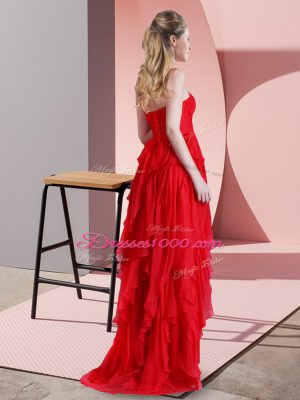 Suitable Sleeveless Chiffon High Low Sweep Train Lace Up Prom Gown in Red with Beading