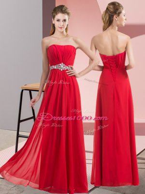 Beading Prom Party Dress Red Lace Up Sleeveless Floor Length