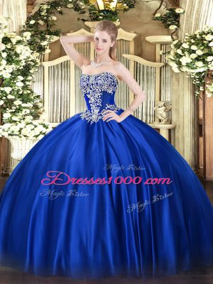Fashionable Ball Gowns Quince Ball Gowns Royal Blue Strapless Satin Sleeveless Floor Length Lace Up
