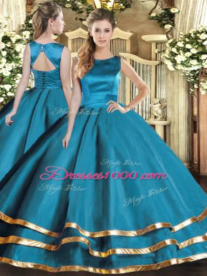 Fabulous Teal Scoop Lace Up Ruffled Layers Quince Ball Gowns Sleeveless