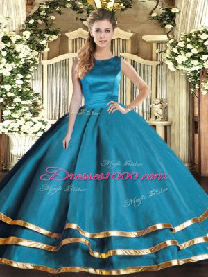 Fabulous Teal Scoop Lace Up Ruffled Layers Quince Ball Gowns Sleeveless