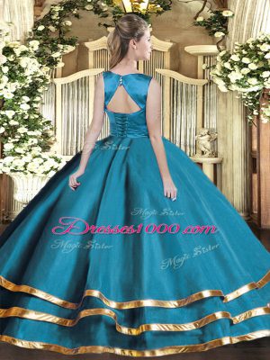 Fabulous Teal Scoop Lace Up Ruffled Layers Quince Ball Gowns Sleeveless