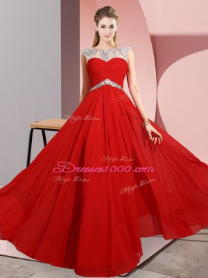 Comfortable Empire Prom Dress Red Scoop Chiffon Sleeveless Floor Length Clasp Handle