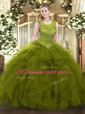 Free and Easy Olive Green Scoop Zipper Beading and Ruffles Quinceanera Dress Sleeveless