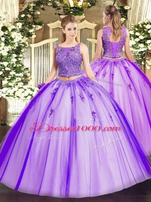 Ideal Lavender Scoop Neckline Beading and Appliques 15th Birthday Dress Sleeveless Lace Up