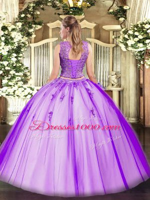 Ideal Lavender Scoop Neckline Beading and Appliques 15th Birthday Dress Sleeveless Lace Up