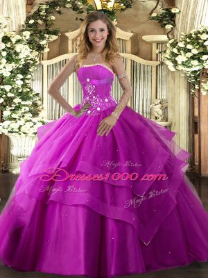 Romantic Floor Length Ball Gowns Sleeveless Fuchsia 15 Quinceanera Dress Lace Up