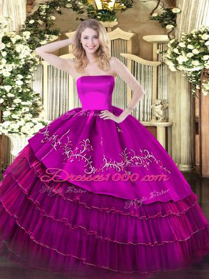 Floor Length Fuchsia 15th Birthday Dress Organza and Taffeta Sleeveless Embroidery and Ruffled Layers