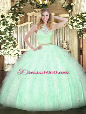 Apple Green Scoop Neckline Lace and Ruffles Quinceanera Gown Sleeveless Zipper