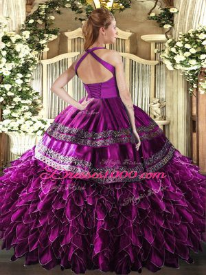 Glamorous Purple Lace Up Halter Top Embroidery and Ruffles Quinceanera Dresses Organza Sleeveless