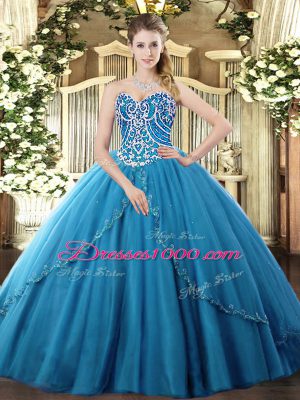 Beading Ball Gown Prom Dress Blue Lace Up Sleeveless Brush Train