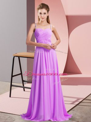 Dramatic Chiffon Spaghetti Straps Sleeveless Sweep Train Backless Ruching Prom Gown in Lilac